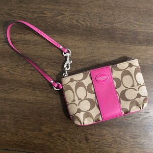 Coach Tan "C" Signature Canvas Fabric Pink Leather Strap Wristlet
